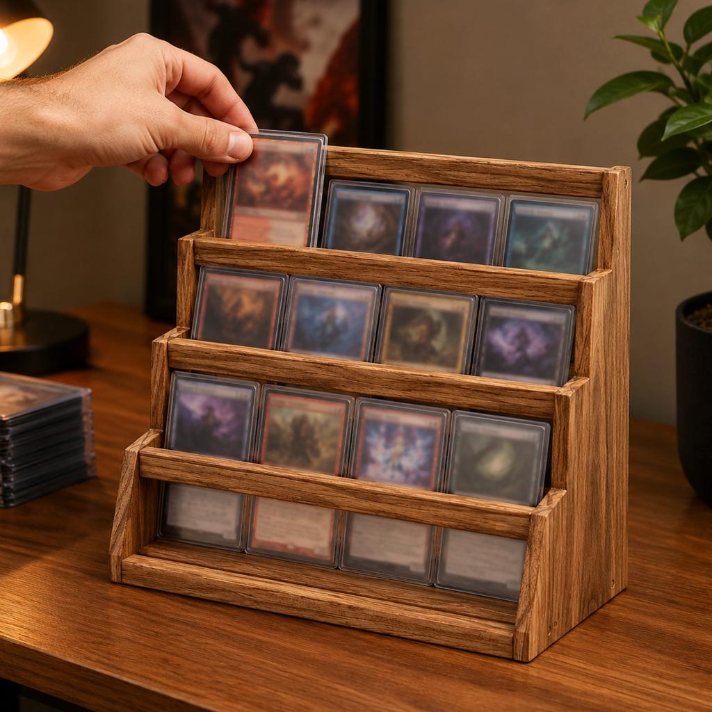 4-Tier Wood Card Display Shelf - Stepped Holder for Sports Trading Cards, Collectibles, Memorabilia
