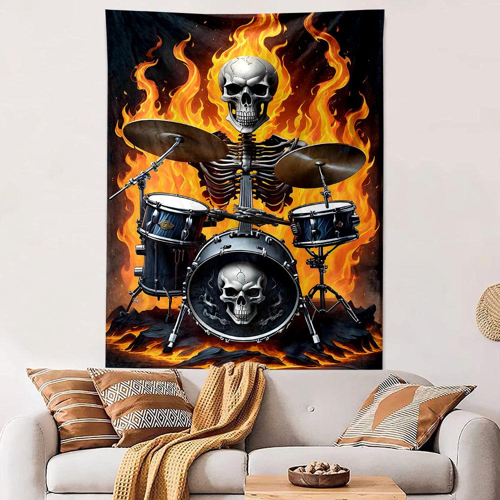"Skeleton Drummer with Flaming Background" Patterned tapestry home decor, suitable for bedroom and living room, gift