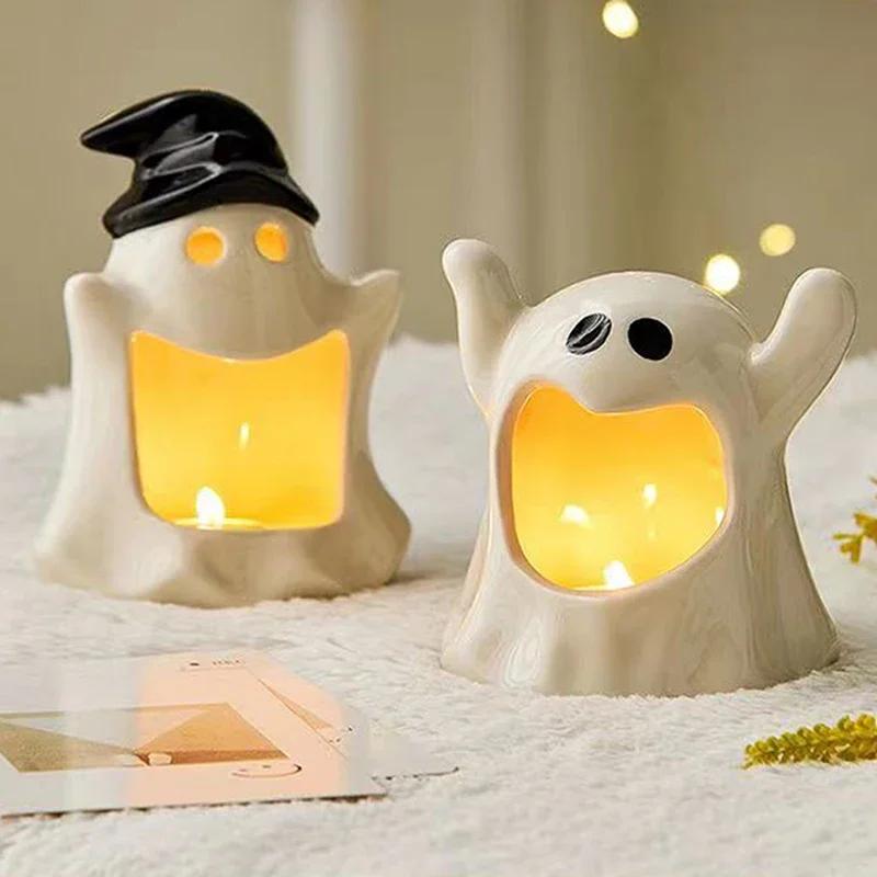 Cute Ghosts Candle Holder Ceramic Ashtray Candlestick Ornaments Hand-made Candle Holder Halloween Festival Seasonal Decoration