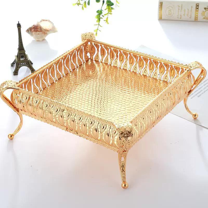 European Retro Metal Fruit Tray Creative Palace Style Golden Circular Square Fruit Tray Home Desktop Decor Snack Storage Trays