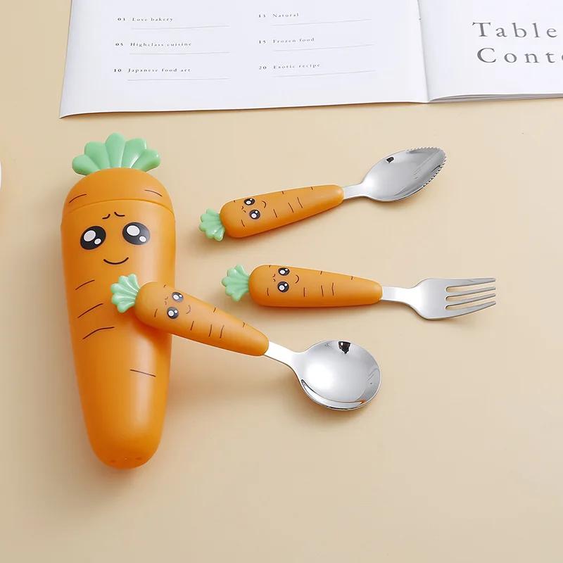 New Carrots Set Children Kids Dinnerware Stainless Steel Spoon Fork Flatware with Box Baby Feeding Kitchen Tableware Supplies