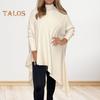 Women Tops High Collar Long Sleeve Solid Color Irregular Hem Pullover Tops Loose Fit Ribbed Tee Tops Daily Wear