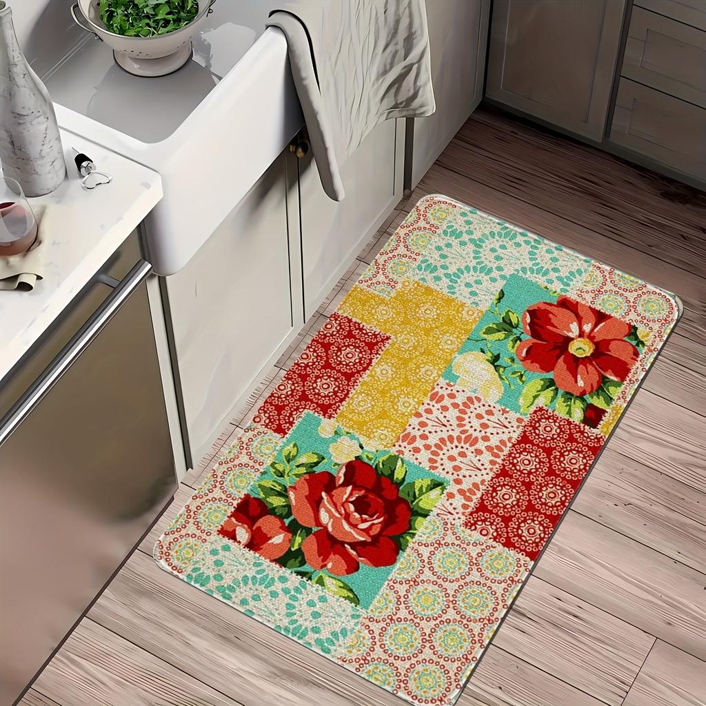 1Pcs Anti Fatigue Kitchen Rugs, Floral Print Waterproof Non-Slip Thick Cushioned Kitchen Mat Heavy Duty Comfort Standing Mat for Kitchen