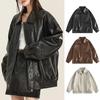 Женская куртка из искусственной кожи с длинными рукавами и отложным воротником, свободная посадка, карман на молнии, сплошной цвет, винтажное женское пальто большого размера в американском стиле