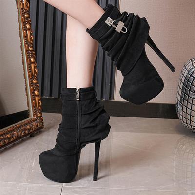 2025 Fetish Super Thin High Heels Boots Zipper Women Bottom Boots Designer Plide Round Toe Night Club Party Prom Shoes