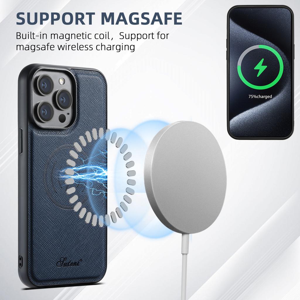 SUTENI H17 For iPhone 13 Pro Max Magnetic Case Cross Texture Leather Phone Back Cover with Detachable Card Bag