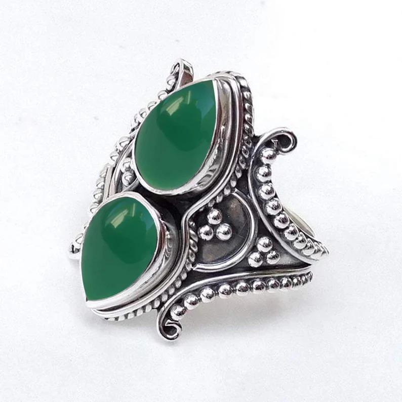 Серебряное кольцо 925 пробы, Кольцо с зеленым ониксом и грушей, Женское кольцо, Кольцо с камнем, Ювелирные изделия ручной работы, Кольцо для женщин, Обручальное кольцо