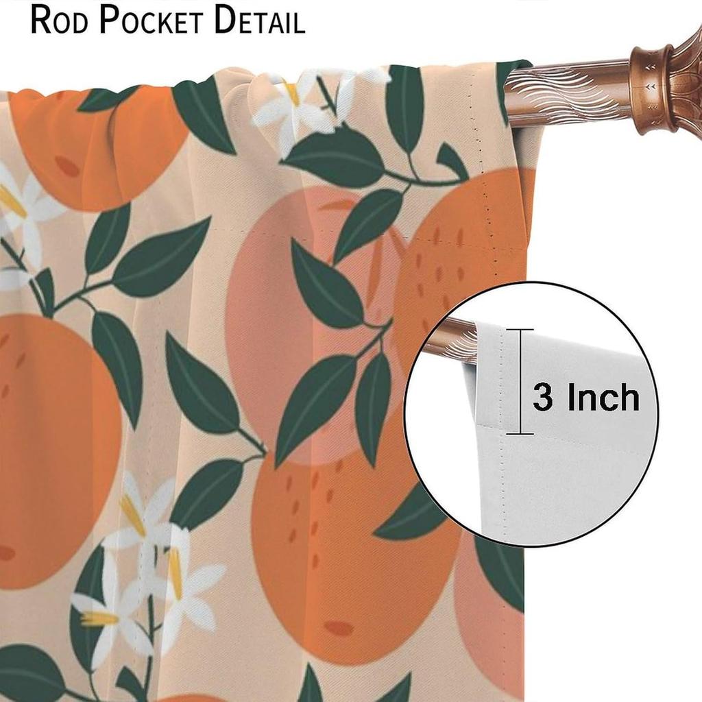 Orange Fruit Curtains,Cute Citrus Green Leaves Floral Summer Pattern Drapes Window 2 Panel Rod Pocket Curtain for Bedroom Living