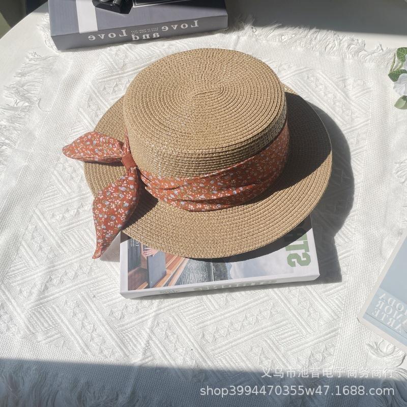French flat hat straw hat women's summer seaside play beach hat top hat floral with sun protection hat