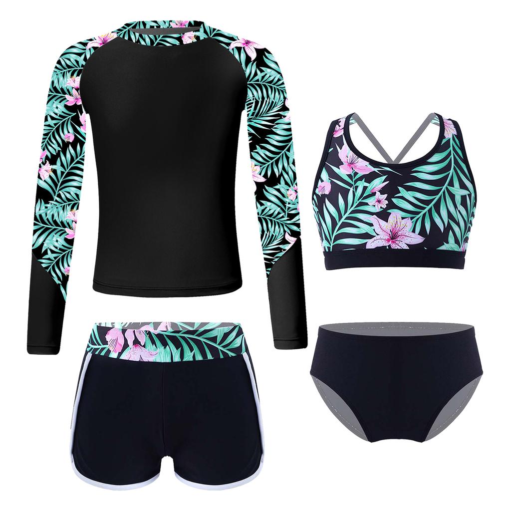Children‘s 4-Piece Swimsuit Set Printed Long Sleeve Mock Neck Top U Back Crop Top High Waist Swim Shorts and Briefs for Beach Vacation