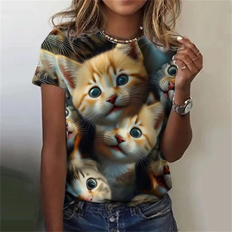 Женская футболка Kawaii Cat с 3D принтом, топ с круглым вырезом и короткими рукавами, летняя уличная повседневная простая одежда