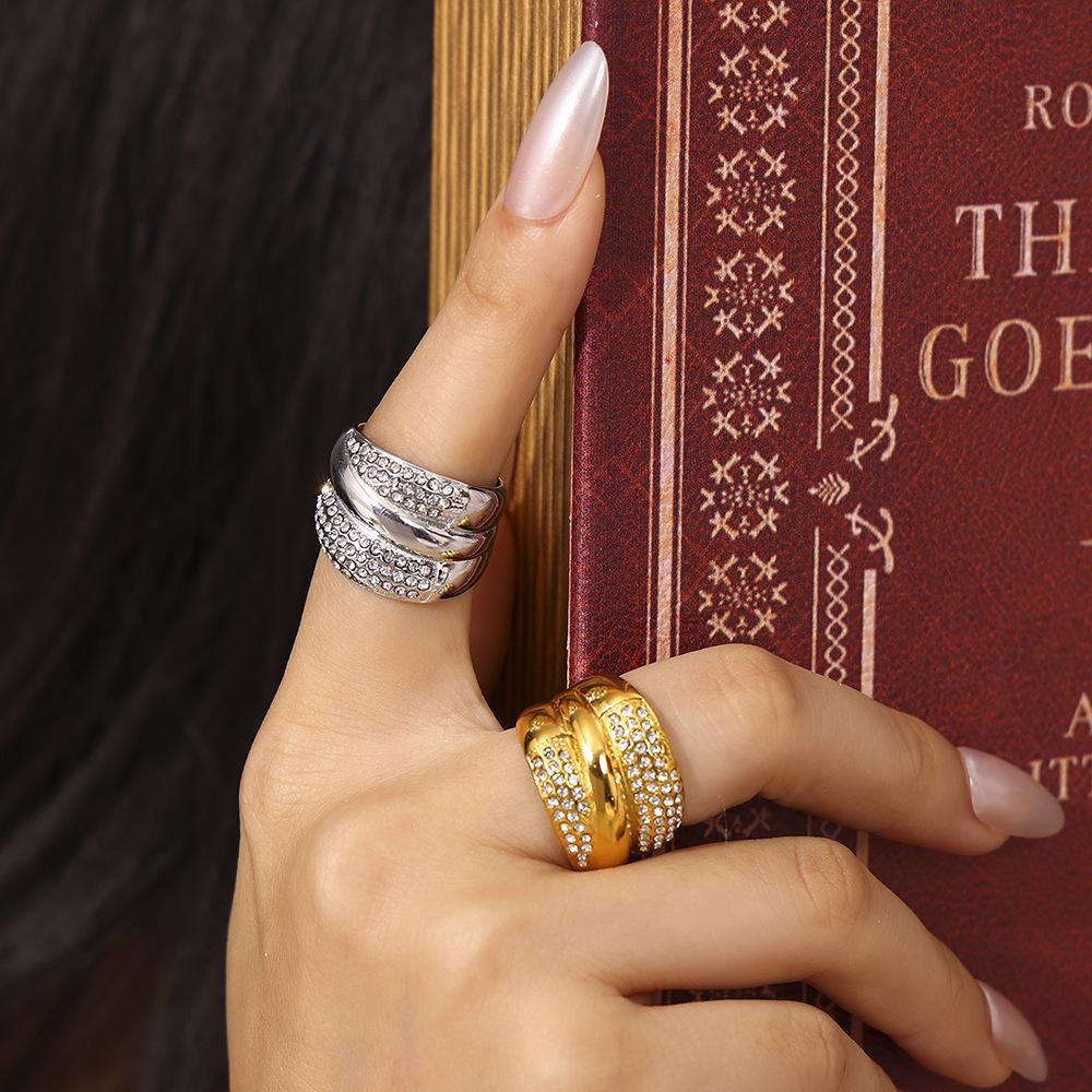 Европейско-американское геометрическое многослойное кольцо с бриллиантами, хип-хоп мода, дизайн из нержавеющей стали с покрытием из 18-каратного золота