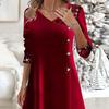 Fall Winter Women Dress Shiny Sequin Patchwork V Neck A-line Big Swing Long Sleeve Button Decor Solid Color Soft Warm Mid-calf Length Lady Midi Dress