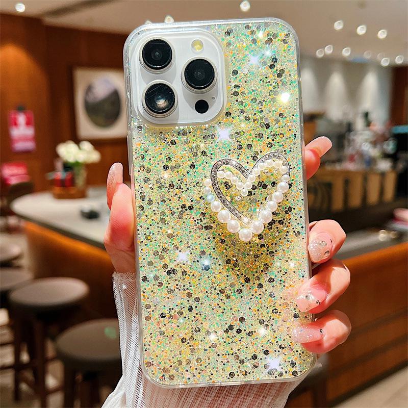 Роскошный блестящий силиконовый чехол для iPhone 15 Pro Max, 12, 11 - двухслойный дизайн Pearl Love, защита от падений