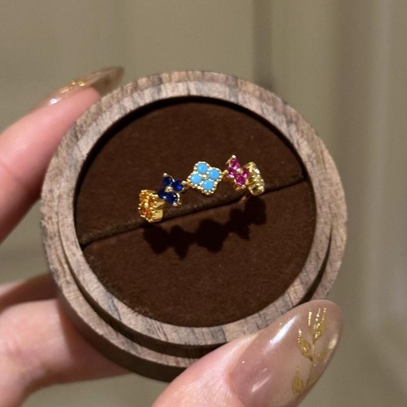 Vintage Boho Rainbow Clover Jewelry Set Women Copper Plated Ring Earring Necklace With O-Chain