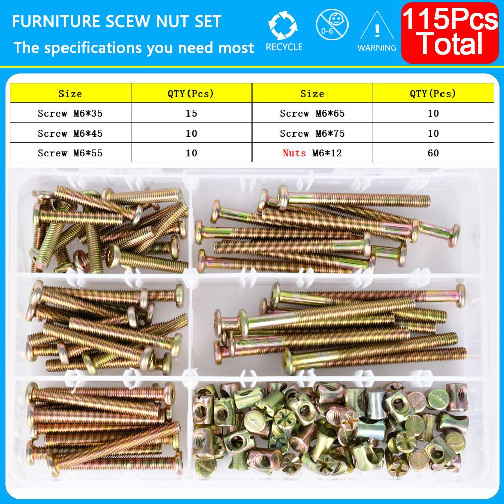 Hexagon Hex Furniture Screw Nut Set Zine M6 Threaded Bolts Phillips Nuts Wood Bed Chair Desk Table Crib Screws Assortment Kit