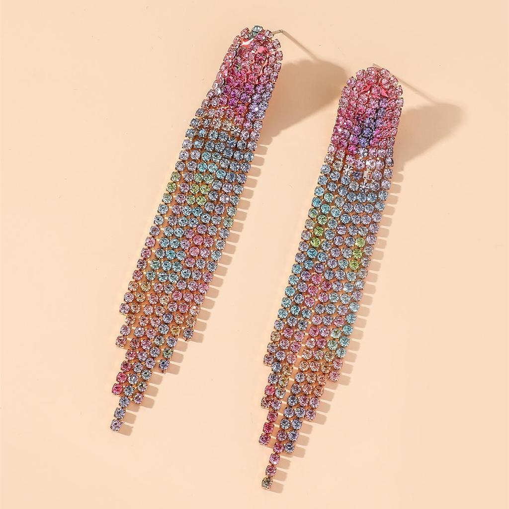 European & American Glam Rhinestone Tassel Long Earrings for Evening Events