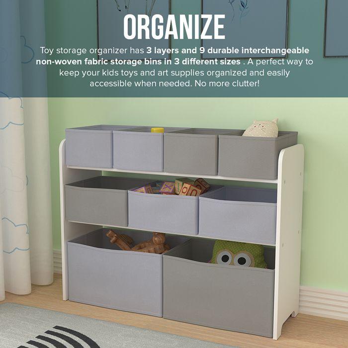 GINGER HOME – Organiseur jouets enfant 3 niveaux, 9 bacs tissu (2G,3M,4P), MDF/métal, blanc/gris, 82,5×29,3×60 cm