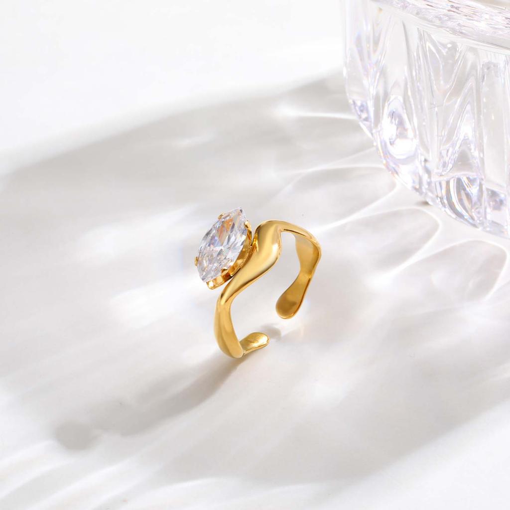 Cubic Zircon Irregular Hollow Opening Ring for Women, Geometric Twist Lines Stainless Steel Ring, Fashion Waterproof Jewelry