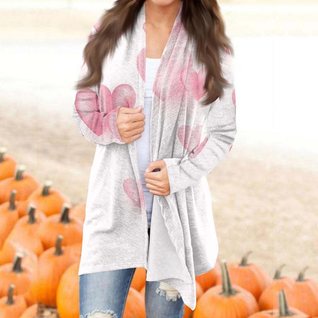 Женский повседневный кардиган с длинными рукавами и принтом ко Дню святого Валентина без карманов, верхнее пальто