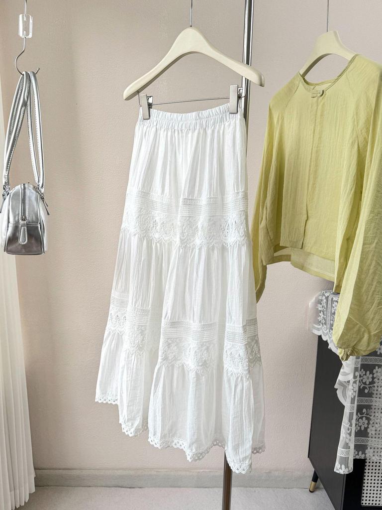 Юбка-миди А-силуэта в корейском стиле с кружевной отделкой 2026 - С высокой талией, многоярусный дизайн "торт"