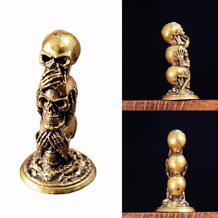 Mysterious Brass Skull Stack Statue Set Figurine Decorative Office Desk Decoration Halloween Theme Gift Accessory