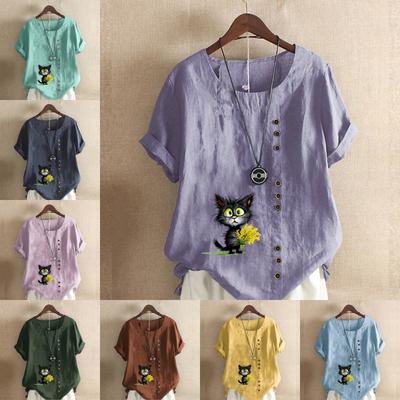 Женская модная черная футболка с коротким рукавом и принтом в виде цветка кошки, свободная хлопковая рубашка, повседневная свободная летняя блузка, топы больших размеров