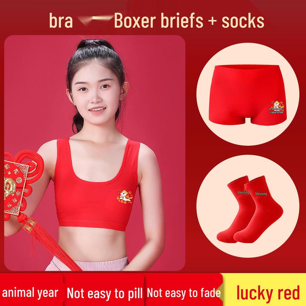 12-Year-Old Girls' Red Padded Zodiac Horse Bra - Anti-Nipple Show