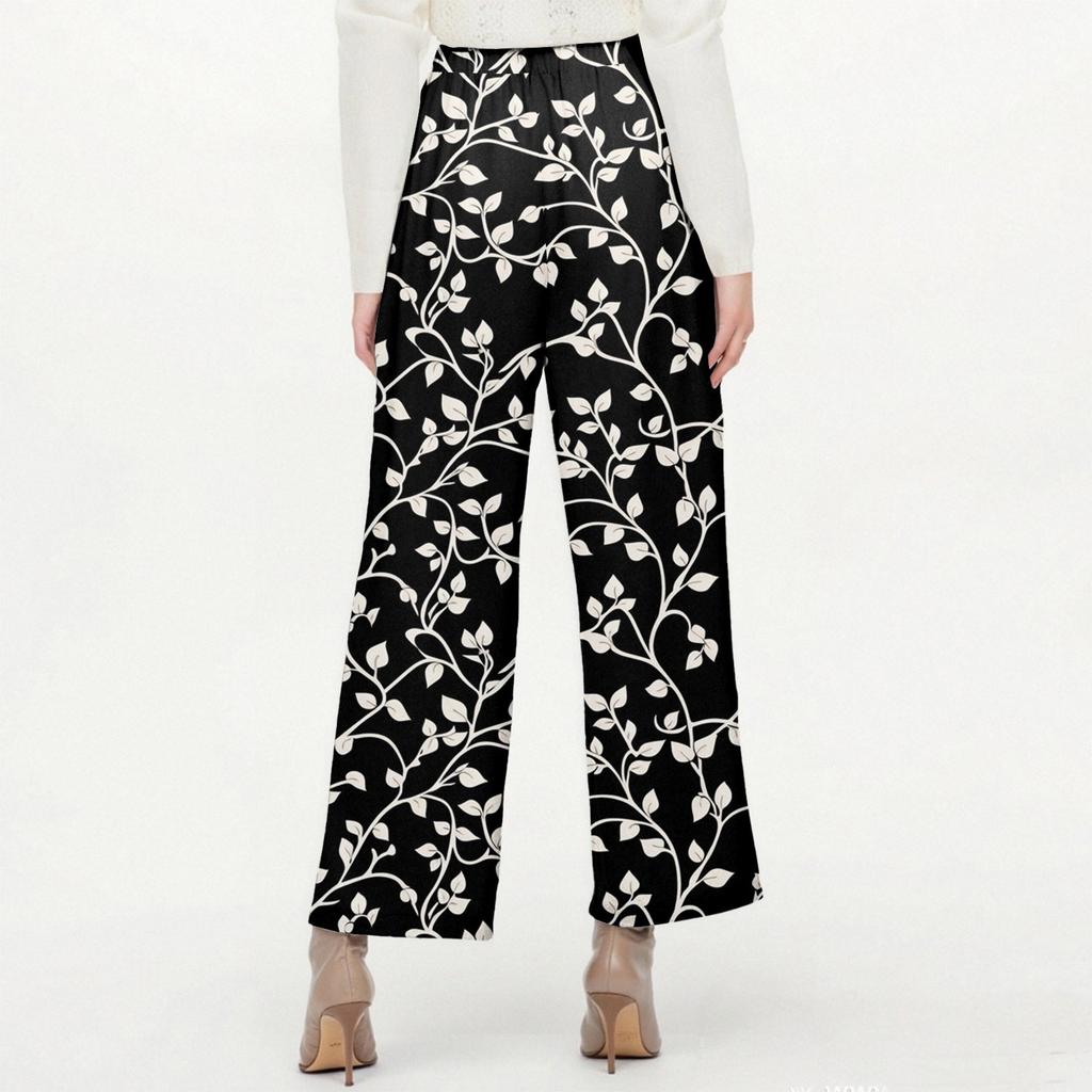 Women's Fashionable Floral Print Straight Leg Pocket Elastic Waist Casual Pants Pants