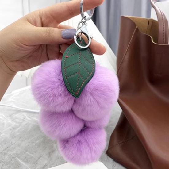 Plush Grape Keychain Fuzzy Faux Fur Car Bag Decoration Hanging Pendant with Metal Buckle Backpack