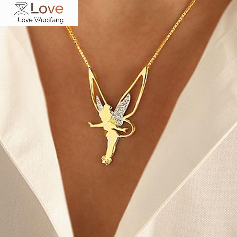 Women Luxury Elf Angel Necklace Rhinestone Metal Glossy Girls Angel Wings Pendant Necklace Fairy Female Chain Necklace Jewelry