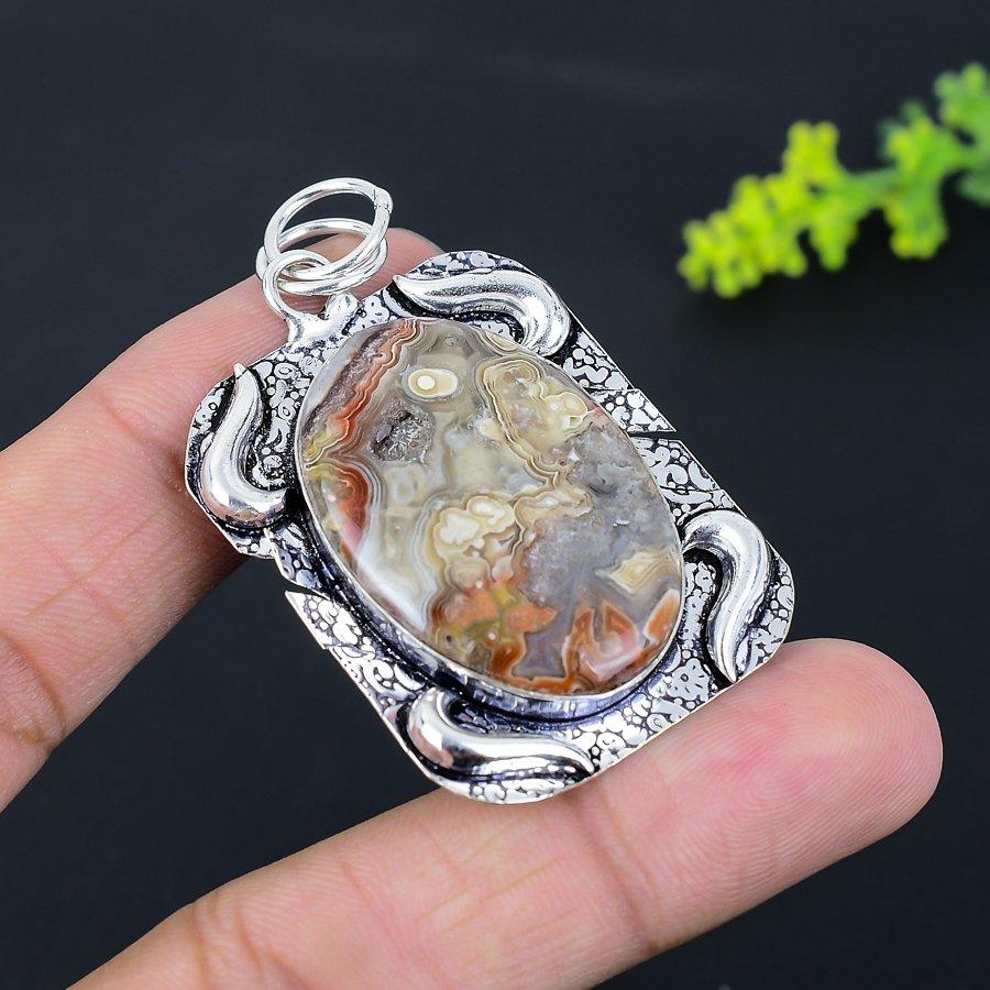 Laguna Lace Agate Gemstone Handmade 925 Sterling Silver Pendant 2.36" I1l44