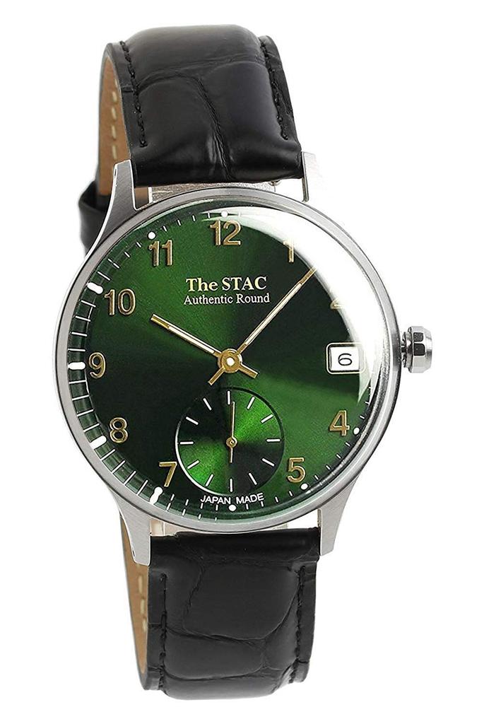 The STAC - Wristwatch - classic black leather antique retro wristwatch, 36mm, green, unisex. - Black/Green