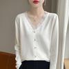 2024 Autumn Women's V-neck Lace Trim Knitted Sweater