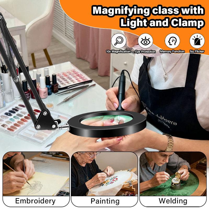 Three stage folding Magnifying Glass with Light and Clamp 3 Color Modes Stepless Dimmable Flexible Swing Arm 72 LED Desk Lamp