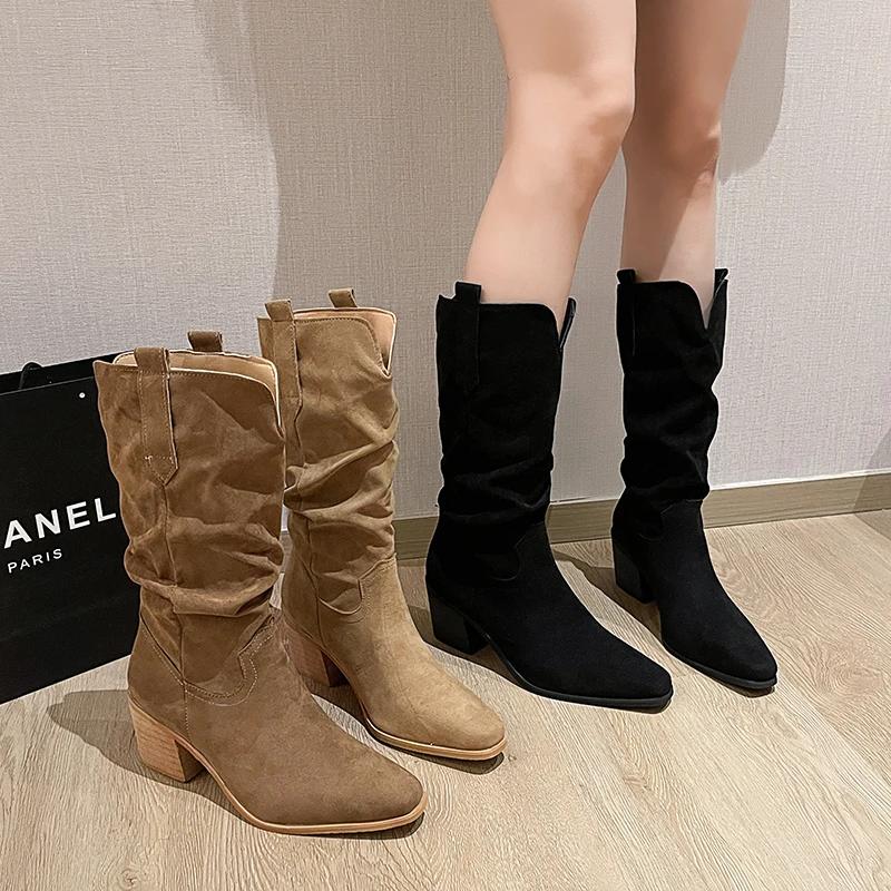 New Women's Retro Long Boots for Spring Fashion, Suede Midsole Stacking Boots, Thick Heel Square Toe Oversized Denim Boots