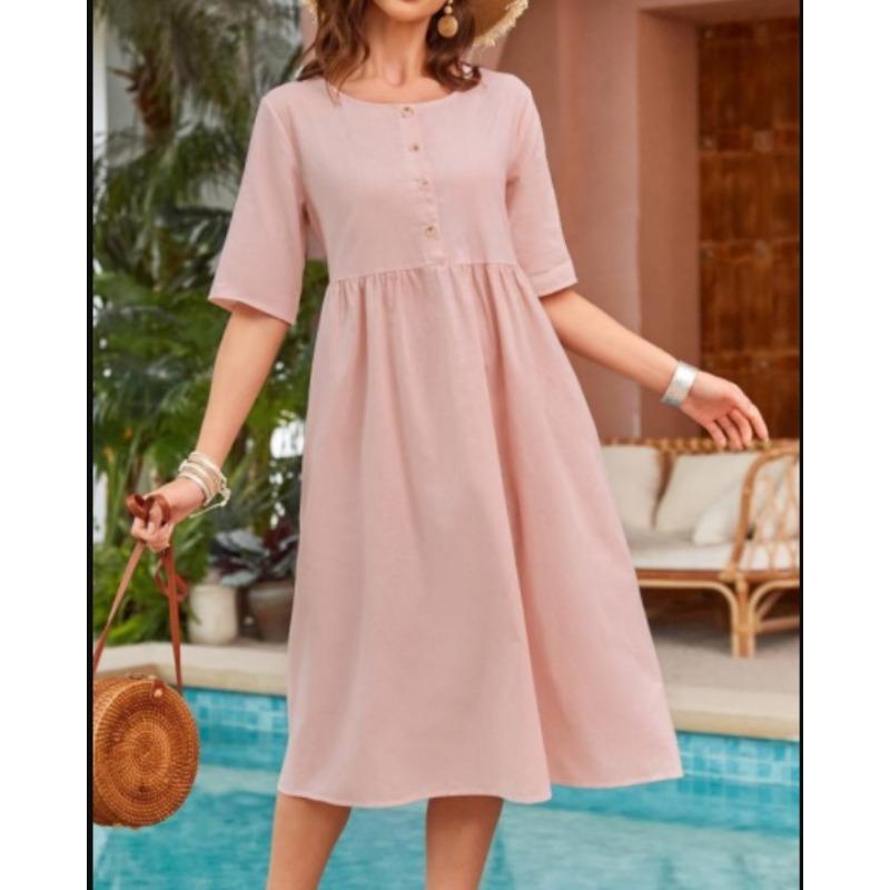 YYFS Женская мода лето весна однотонный принт с коротким рукавом и круглым вырезом свободная талия повседневные платья