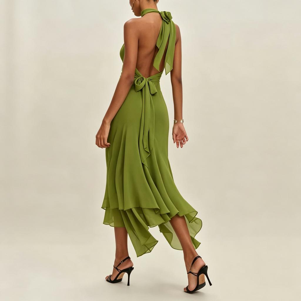 Европейская и американская женская одежда темпераментный halter neck hip wrap slim irregular ruffle edge dress
