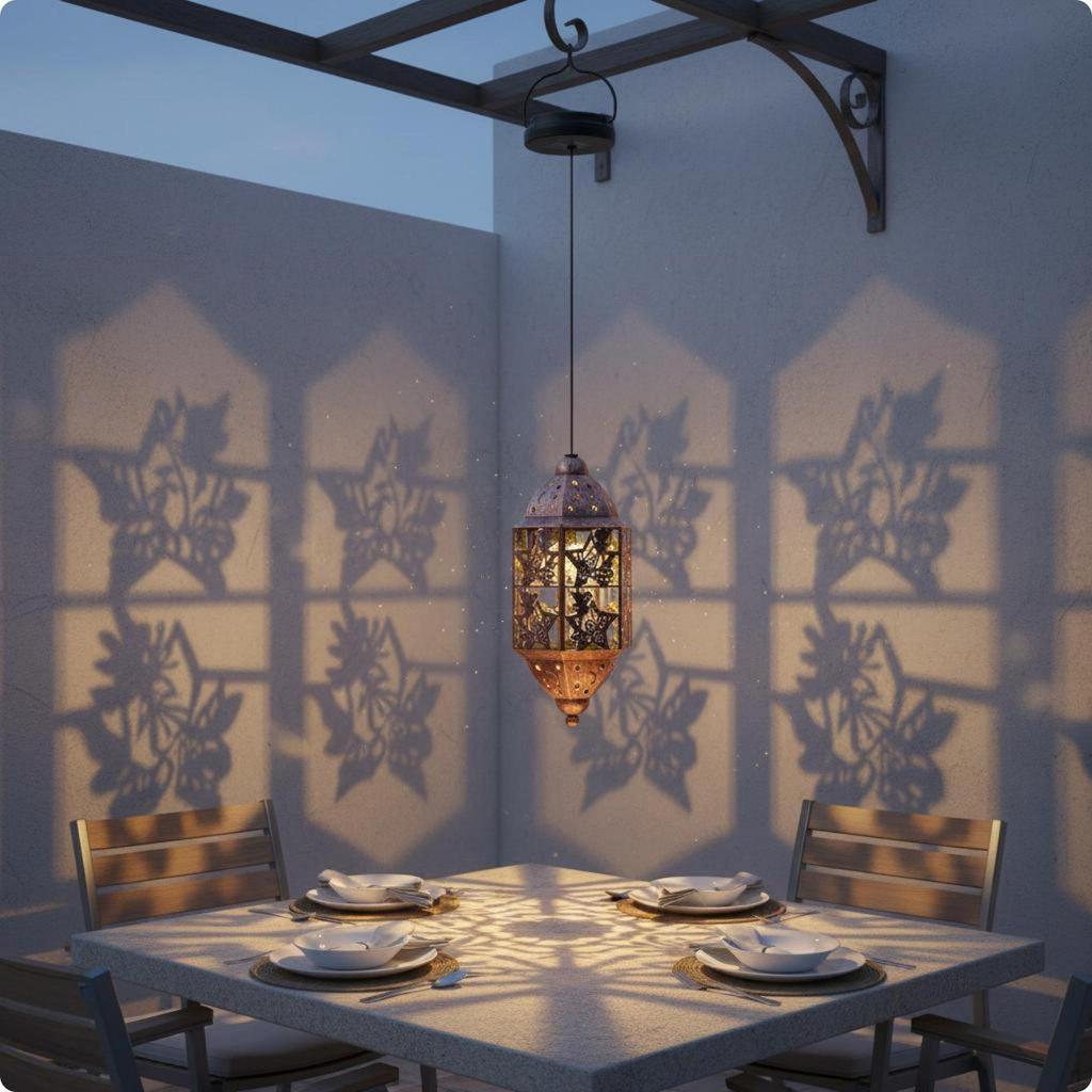 Metal Solar Lantern Hollow Carved Pattern Hanging Automatically Turns on at Dusk