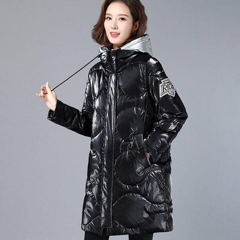 Женское зимнее корейское свободное стеганое пальто, теплая куртка-парка с воротником-стойкой, женская глянцевая куртка средней длины