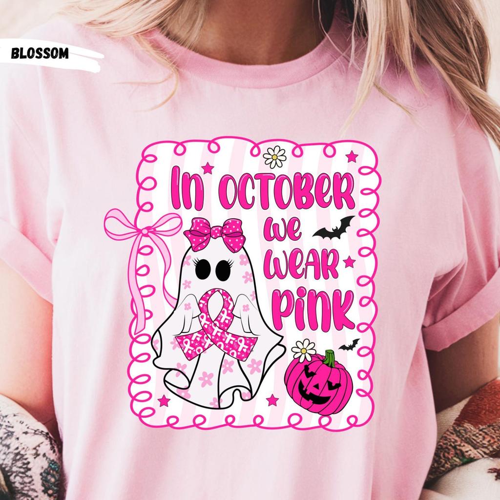 Comfort Colors Halloween Ghost Tee: Breast Cancer Awareness Ribbon Shirt