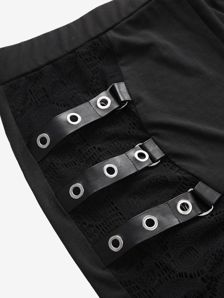 Rosegal Gothic Skulls Mesh PU Strap Buckle Grommet Cutout Skinny Pants