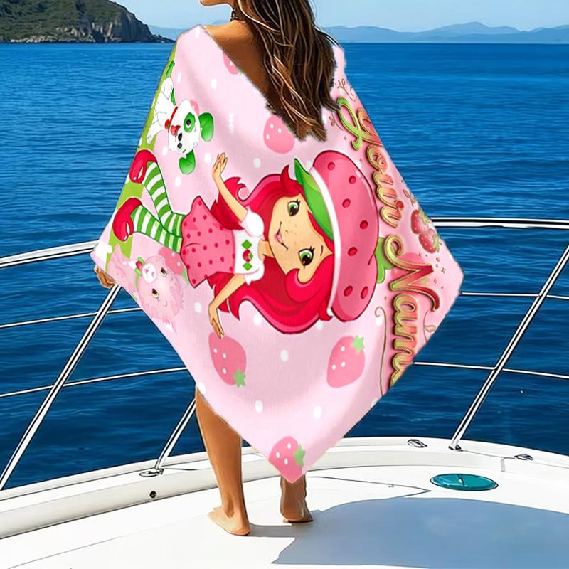 1pc Princess Strawberry Beach Towel with Custom Name, Beach and Seaside Swimming Pool Equipment, Fashion Pattern, Rectangular, Travel Essential