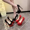 Large Size High Heels Women's New Black Patent Leather Super High Heels Sandals Fashionable and Sexy Shallow Mouth Single Shoes