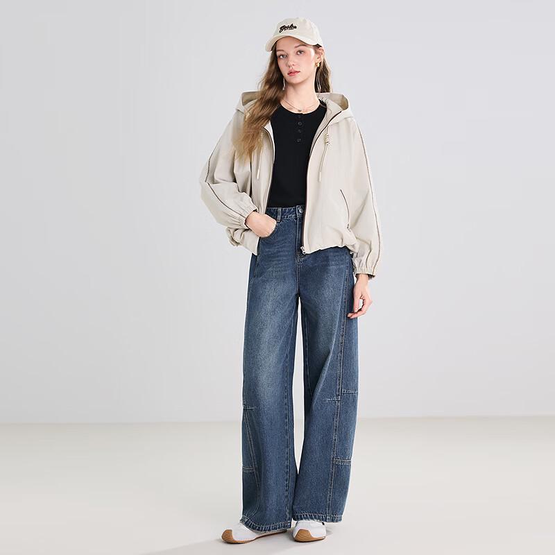 Betu Women's 2026 Spring High-Waist Denim Curved Wide-Leg Pants