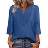 Женские топы с рукавом три четверти, V-образным вырезом, с узором из ажурной вышивки, свободного кроя, повседневная блузка, для повседневной носки