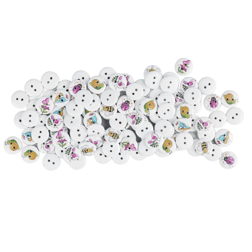100pcs 2 Holes Wooden Buttons Mixed Printed Round Buttons Cartoon Decorative Buttons For DIY Crafts