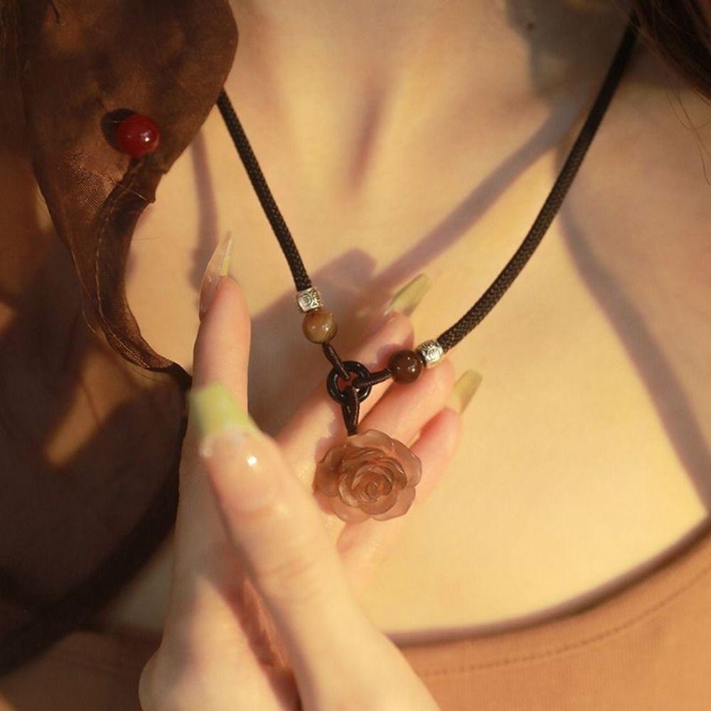 Ethnic Flower Beads Necklace Chain Round Pendant Necklace Cool Camellia Stacking Necklace Gift