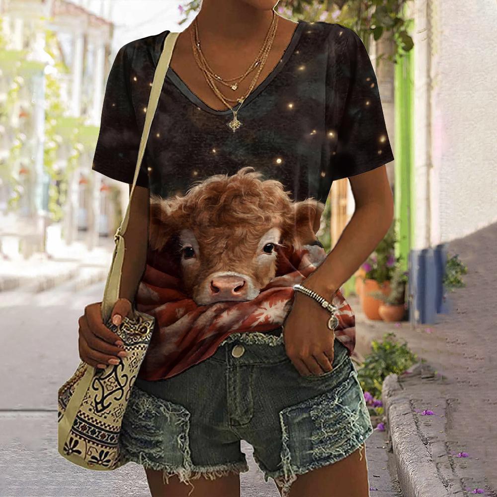 Женская футболка с изображением животных, летняя повседневная футболка с короткими рукавами, милый топ с принтом теленка, уличная мода с 3d принтом, женская одежда в стиле Харадзюку с v-образным вырезом