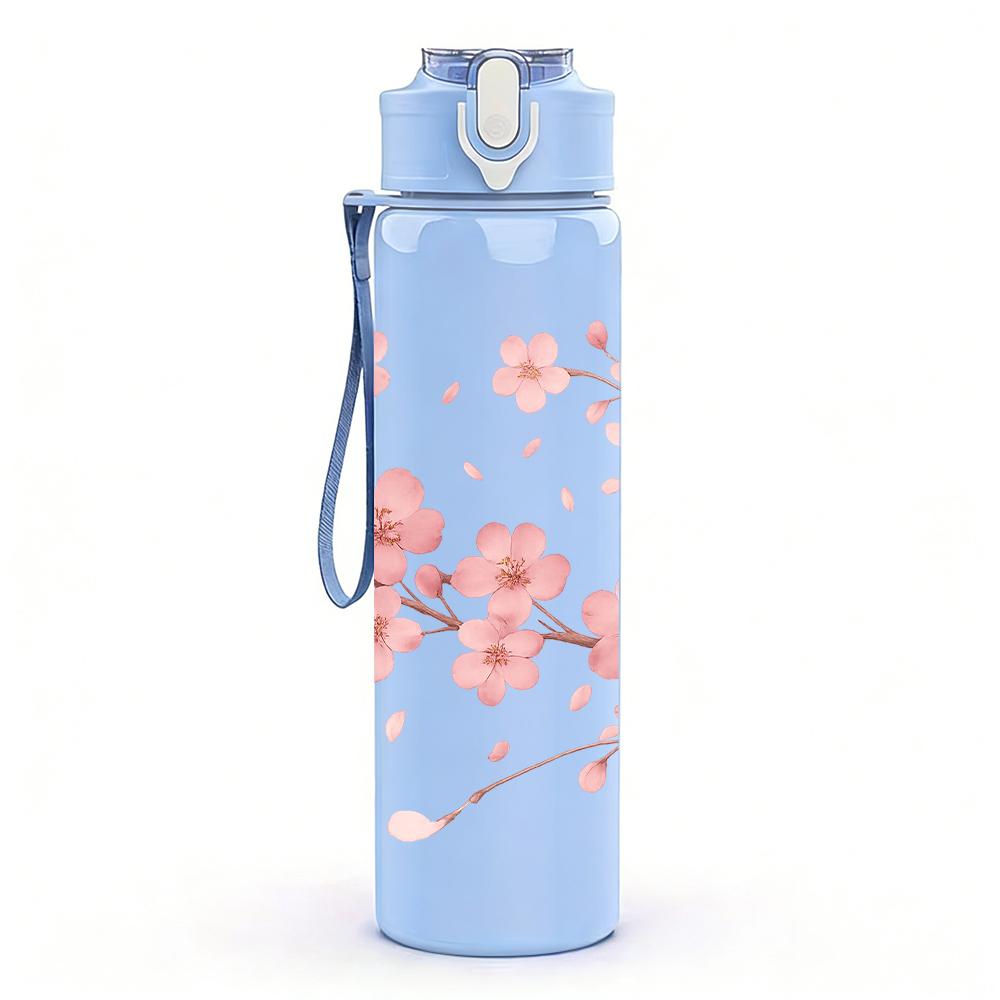 1PC Cherry Blossom Floral 750ml Color Plastic Sports Water Bottle Leakproof Flip Straw Lid For Sports Office Home Use